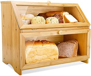 Double Layer Bread Box for­ Kitchen Large Bamboo Capacity Food Storage
