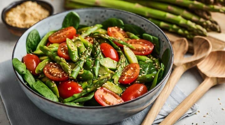 Asparagus salad with tomatoes and spinach